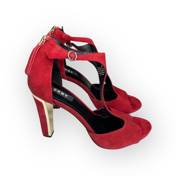 DKNY ༄ Colby T-Strap Platforms Heels Sandals༄ Red Suede Gold Detail ༄ 38 7.5M 8M - Picture 2 of 16